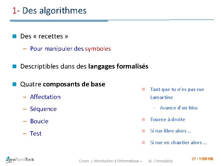 1 - Des algorithmes n Des « recettes » – Pour manipuler des symboles