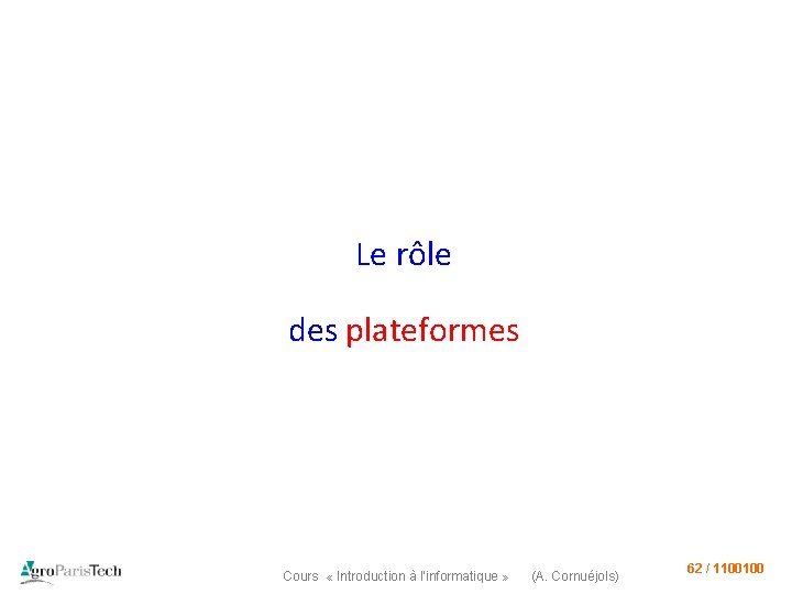 Le rôle des plateformes Cours « Introduction à l’informatique » (A. Cornuéjols) 62 /