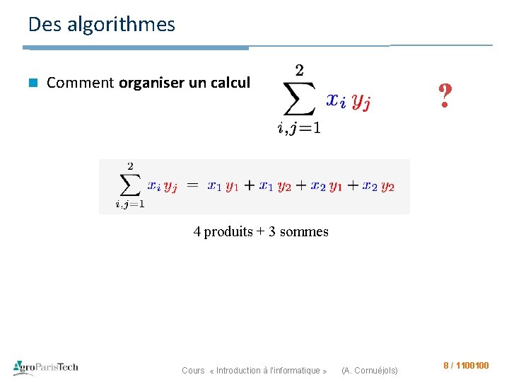 Des algorithmes n Comment organiser un calcul ? 4 produits + 3 sommes Cours