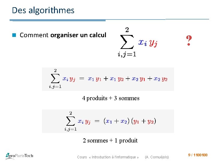 Des algorithmes n Comment organiser un calcul ? 4 produits + 3 sommes 2