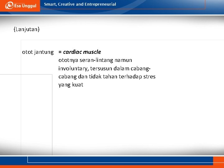 (Lanjutan) otot jantung = cardiac muscle ototnya seran-lintang namun involuntary, tersusun dalam cabang dan