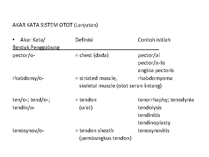 AKAR KATA SISTEM OTOT (Lanjutan) • Akar Kata/ Bentuk Penggabung pector/o- rhabdomy/o- Definisi Contoh