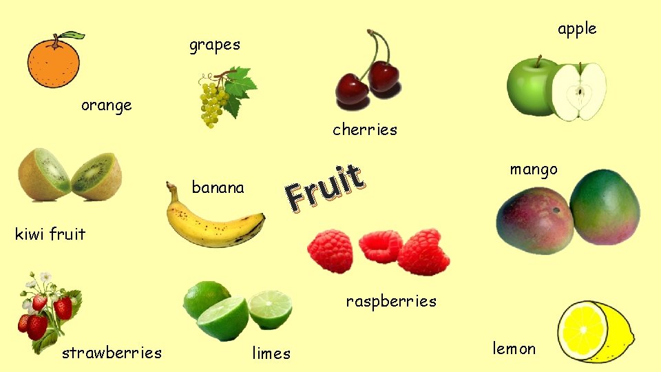 apple grapes orange cherries t i u r F banana kiwi fruit mango raspberries