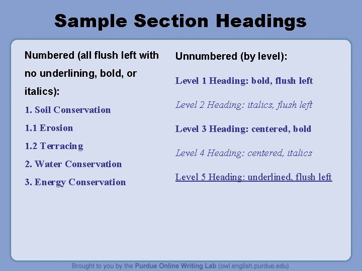 Sample Section Headings Numbered (all flush left with no underlining, bold, or italics): Unnumbered