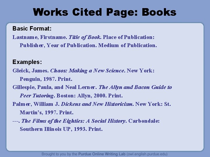 Works Cited Page: Books Basic Format: Lastname, Firstname. Title of Book. Place of Publication: