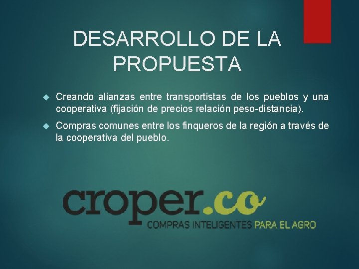 DESARROLLO DE LA PROPUESTA Creando alianzas entre transportistas de los pueblos y una cooperativa