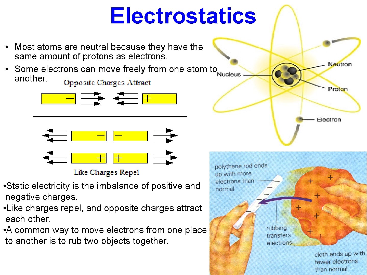 Electrostatics • Most atoms are neutral because they have the same amount of protons