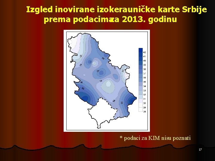 Izgled inovirane izokerauničke karte Srbije prema podacimaza 2013. godinu * podaci za KIM nisu