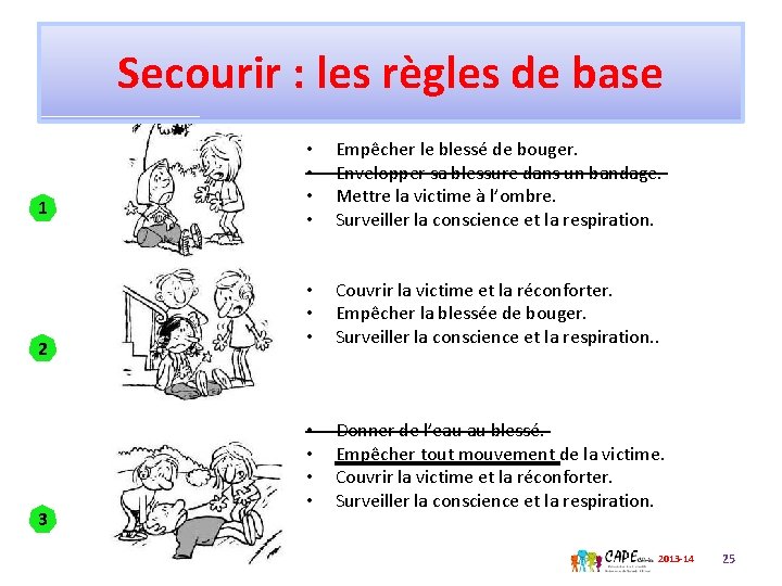 Secourir : les règles de base 1 2 3 • • Empêcher le blessé