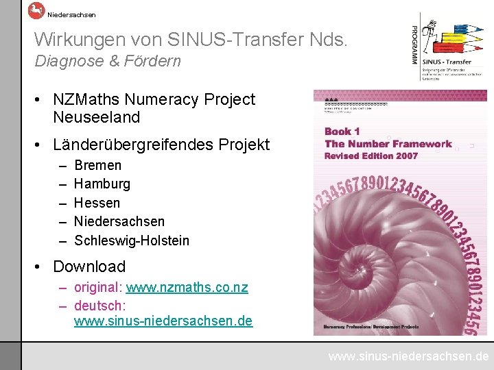 Niedersachsen Wirkungen von SINUS-Transfer Nds. Diagnose & Fördern • NZMaths Numeracy Project Neuseeland •