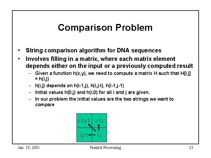 Comparison Problem • String comparison algorithm for DNA sequences • Involves filling in a Comparison Problem • String comparison algorithm for DNA sequences • Involves filling in a