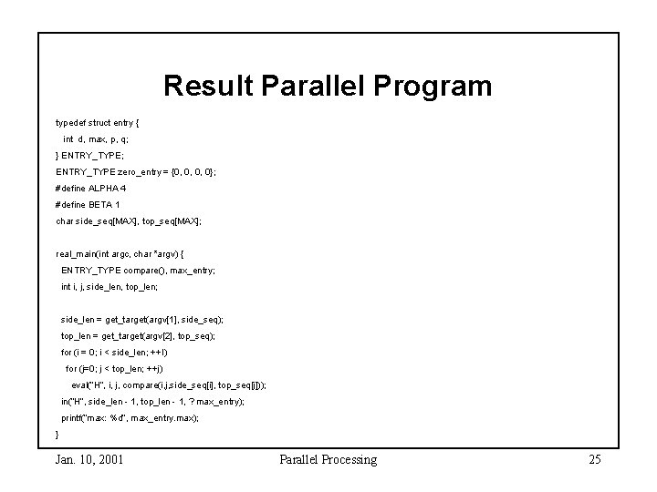 Result Parallel Program typedef struct entry { int d, max, p, q; } ENTRY_TYPE; Result Parallel Program typedef struct entry { int d, max, p, q; } ENTRY_TYPE;