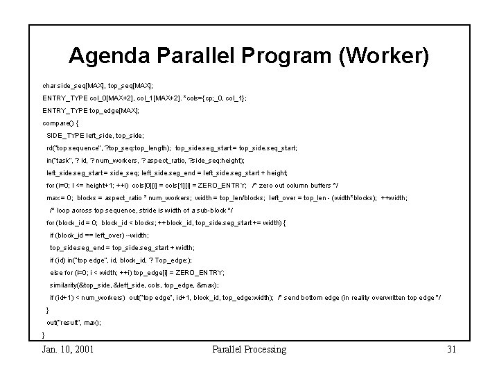 Agenda Parallel Program (Worker) char side_seq[MAX], top_seq[MAX]; ENTRY_TYPE col_0[MAX+2], col_1[MAX+2]. *cols={cp; _0, col_1}; ENTRY_TYPE