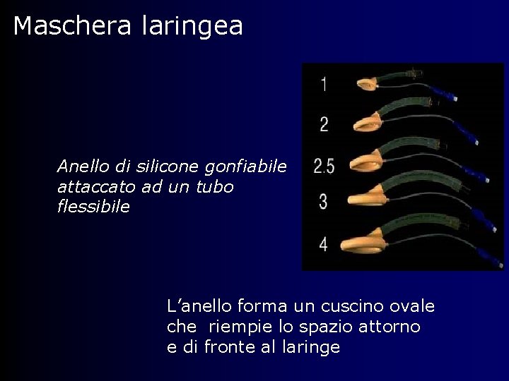 Maschera laringea Anello di silicone gonfiabile attaccato ad un tubo flessibile L’anello forma un