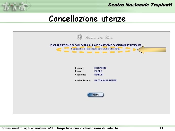 Centro Nazionale Trapianti Cancellazione utenze Corso rivolto agli operatori ASL: Registrazione dichiarazioni di volontà.