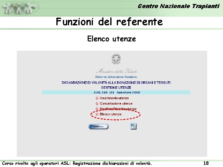 Centro Nazionale Trapianti Funzioni del referente Elenco utenze Corso rivolto agli operatori ASL: Registrazione