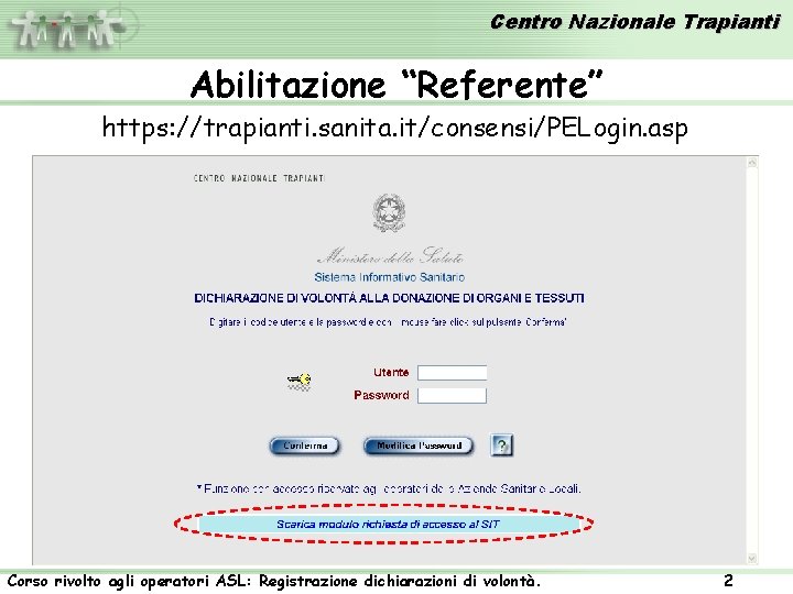 Centro Nazionale Trapianti Abilitazione “Referente” https: //trapianti. sanita. it/consensi/PELogin. asp Corso rivolto agli operatori