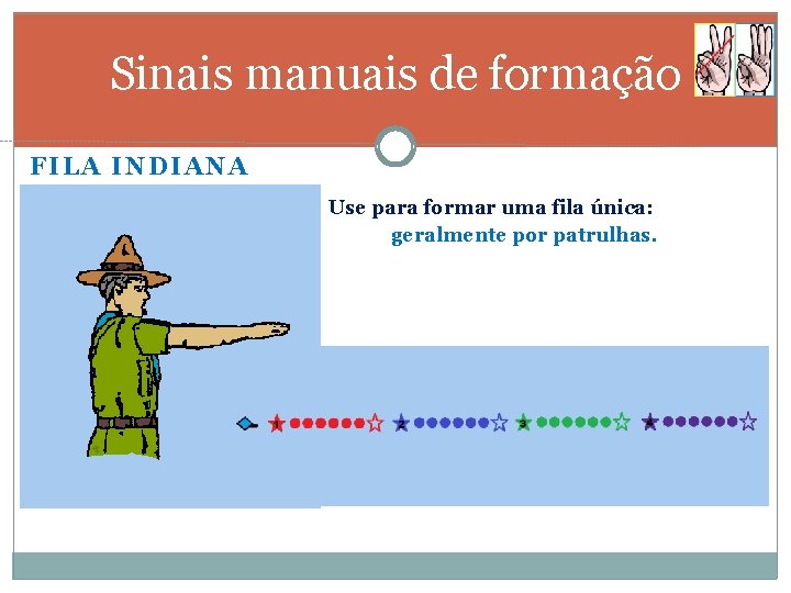 Sinais manuais de formação FILA INDIANA Use para formar uma fila única: geralmente por