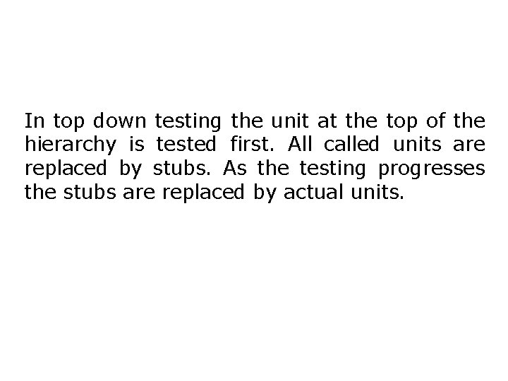 In top down testing the unit at the top of the hierarchy is tested