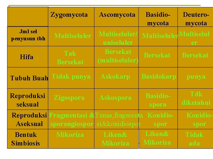 Zygomycota Jml sel penyusun tbh Hifa Multiseluler Tak Bersekat Ascomycota Basidiomycota Deuteromycota Multiseluler/ Multiseluler.