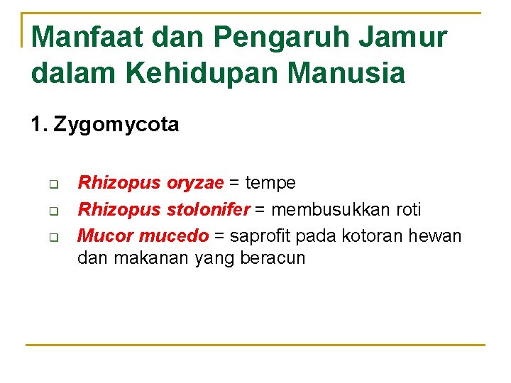 Manfaat dan Pengaruh Jamur dalam Kehidupan Manusia 1. Zygomycota q q q Rhizopus oryzae