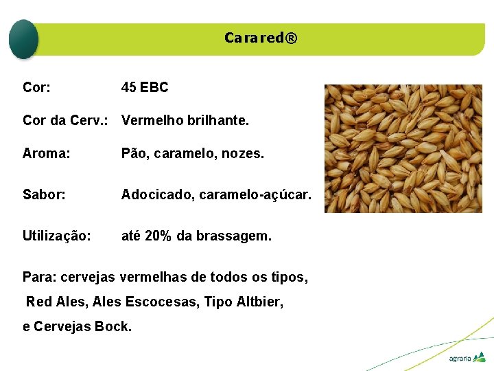 Carared® Cor: 45 EBC Cor da Cerv. : Vermelho brilhante. Aroma: Pão, caramelo, nozes.