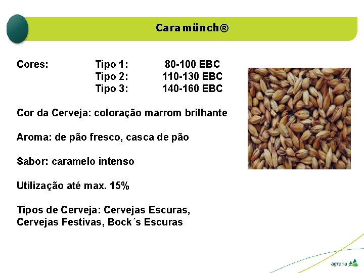 Caramünch® Cores: Tipo 1: Tipo 2: Tipo 3: 80 -100 EBC 110 -130 EBC