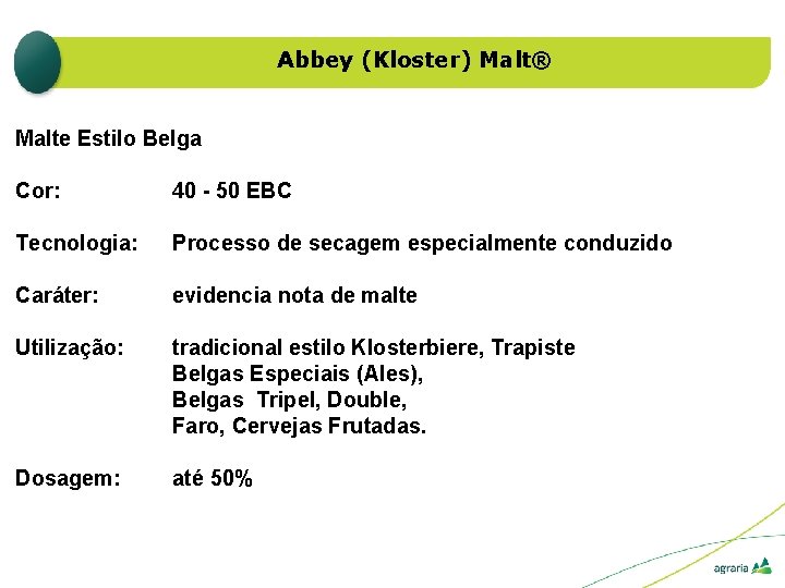 Abbey (Kloster) Malt® Malte Estilo Belga Cor: 40 - 50 EBC Tecnologia: Processo de