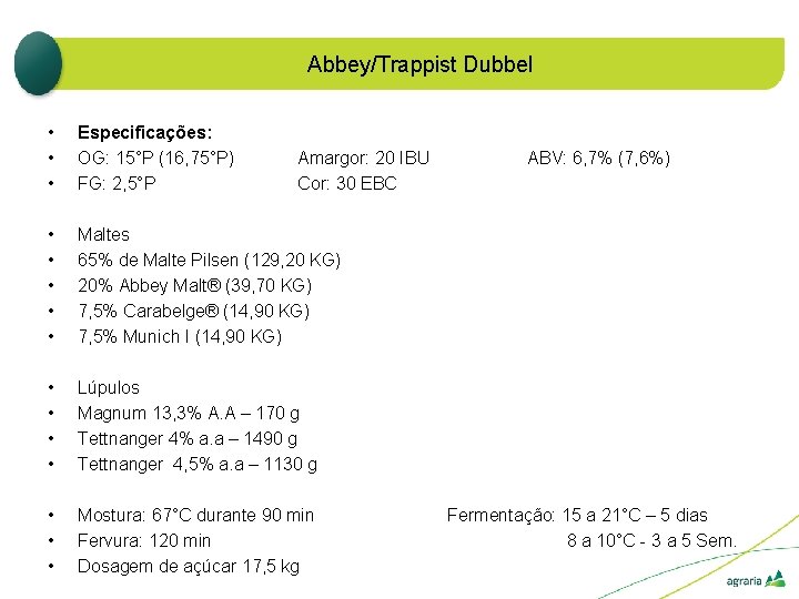 Abbey/Trappist Dubbel • • • Especificações: OG: 15°P (16, 75°P) FG: 2, 5°P •