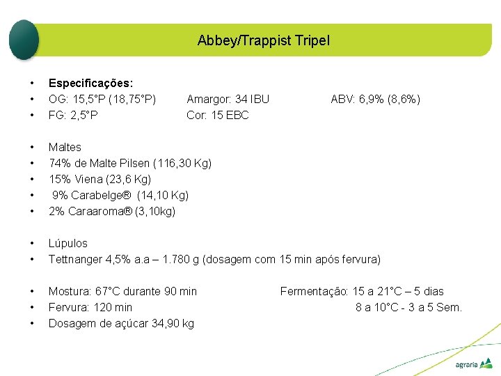 Abbey/Trappist Tripel • • • Especificações: OG: 15, 5°P (18, 75°P) FG: 2, 5°P
