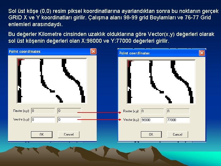 Sol üst köşe (0, 0) resim piksel koordinatlarına ayarlandıktan sonra bu noktanın gerçek GRID