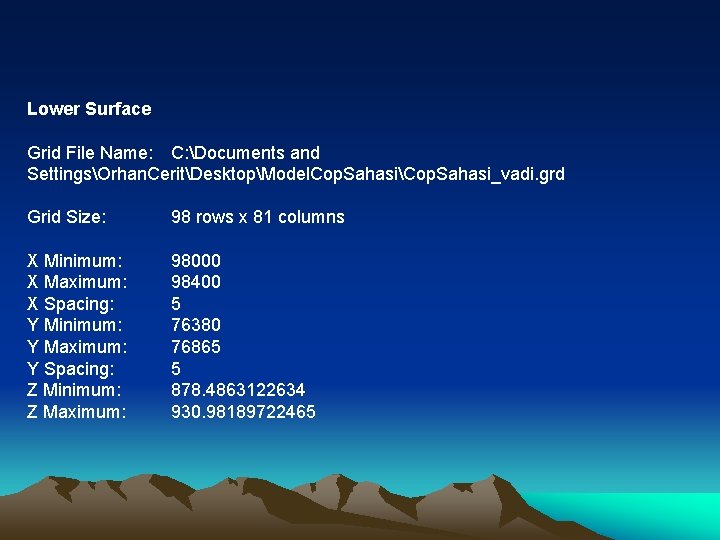 Lower Surface Grid File Name: C: Documents and SettingsOrhan. CeritDesktopModel. Cop. SahasiCop. Sahasi_vadi. grd