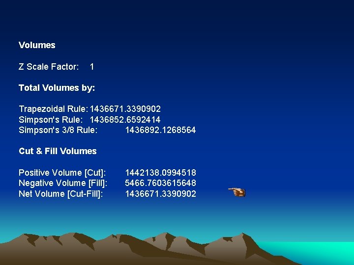 Volumes Z Scale Factor: 1 Total Volumes by: Trapezoidal Rule: 1436671. 3390902 Simpson's Rule: