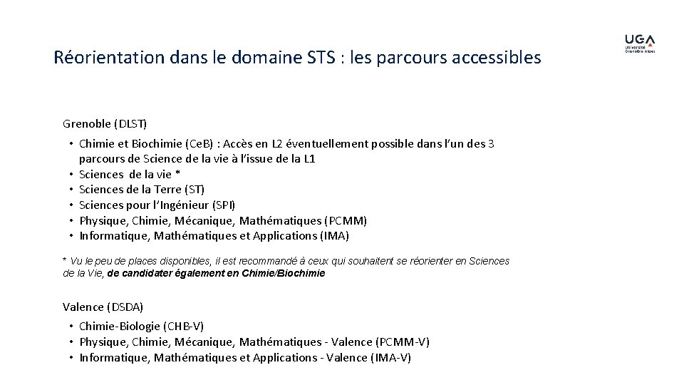 Réorientation dans le domaine STS : les parcours accessibles Grenoble (DLST) • Chimie et