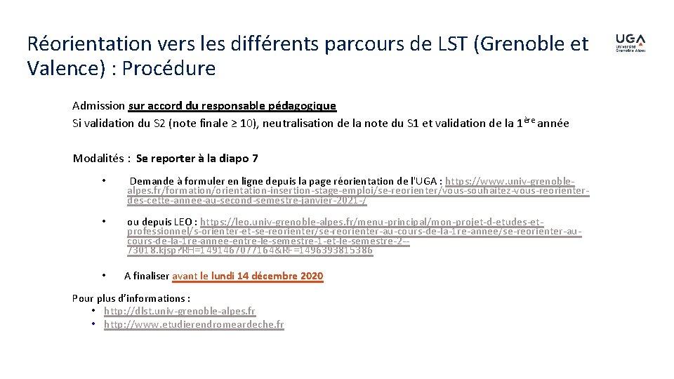 Réorientation vers les différents parcours de LST (Grenoble et Valence) : Procédure Admission sur