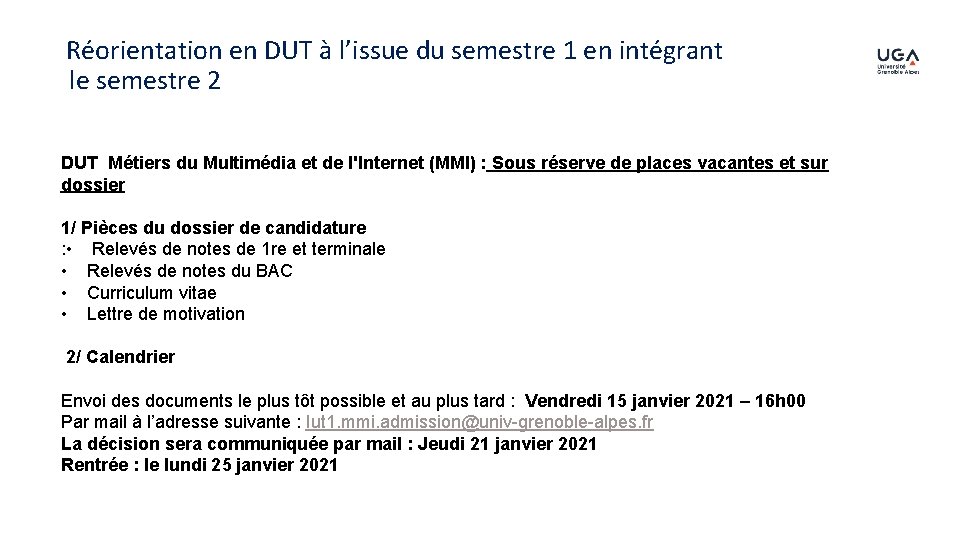 Réorientation en DUT à l’issue du semestre 1 en intégrant le semestre 2 DUT