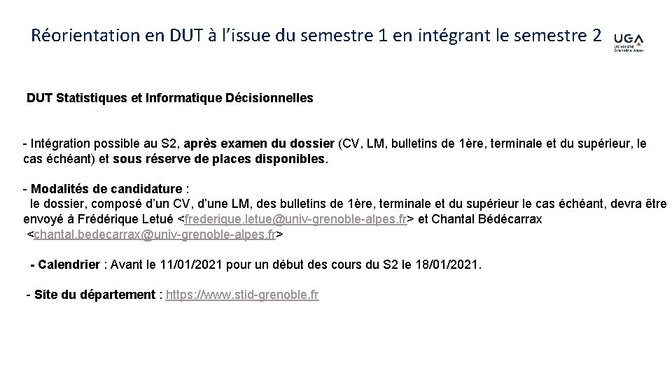 Réorientation en DUT à l’issue du semestre 1 en intégrant le semestre 2 DUT