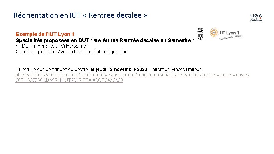 Réorientation en IUT « Rentrée décalée » Exemple de l’IUT Lyon 1 Spécialités proposées