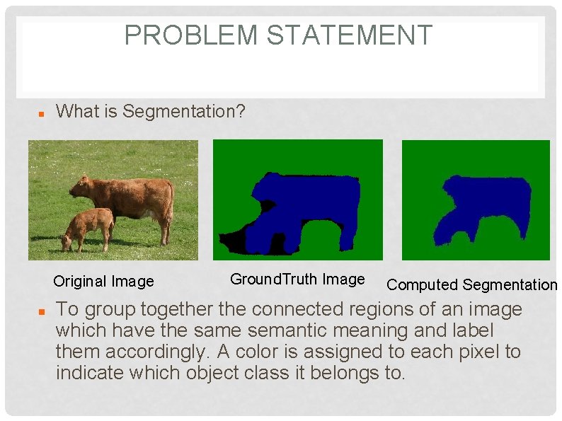 PROBLEM STATEMENT What is Segmentation? Original Image Ground. Truth Image Computed Segmentation To group PROBLEM STATEMENT What is Segmentation? Original Image Ground. Truth Image Computed Segmentation To group
