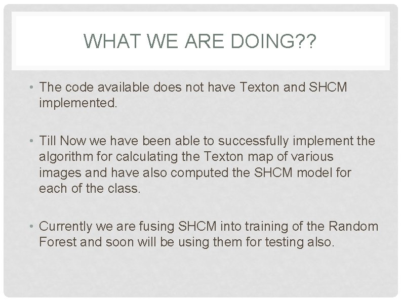 WHAT WE ARE DOING? ? • The code available does not have Texton and WHAT WE ARE DOING? ? • The code available does not have Texton and