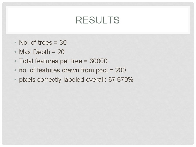 RESULTS • • • No. of trees = 30 Max Depth = 20 Total RESULTS • • • No. of trees = 30 Max Depth = 20 Total