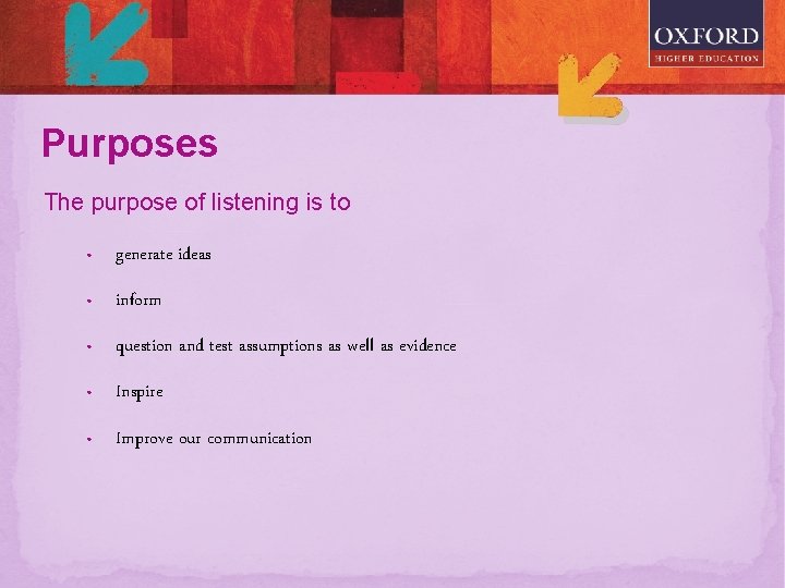 Purposes The purpose of listening is to • generate ideas • inform • question