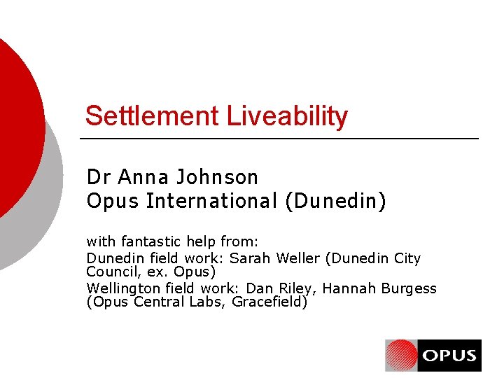Settlement Liveability Dr Anna Johnson Opus International (Dunedin) with fantastic help from: Dunedin field