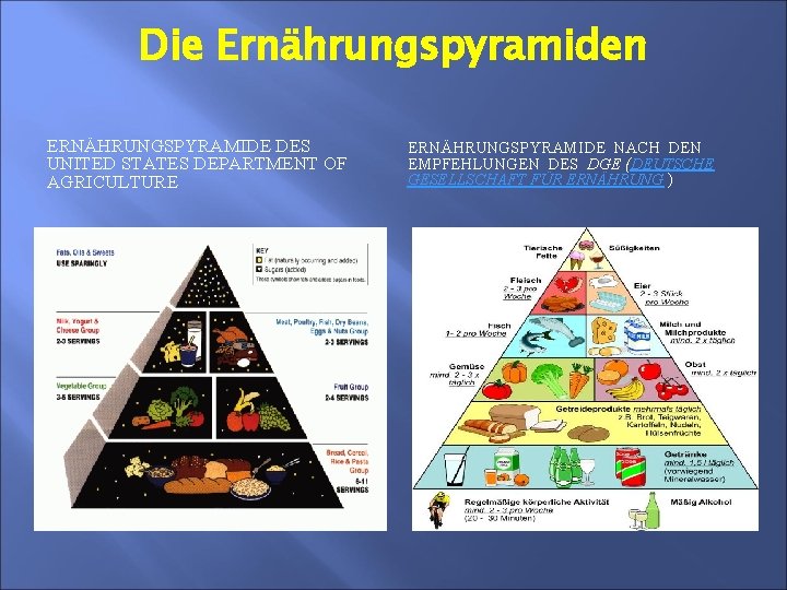 Die Ernährungspyramiden ERNÄHRUNGSPYRAMIDE DES UNITED STATES DEPARTMENT OF AGRICULTURE ERNÄHRUNGSPYRAMIDE NACH DEN EMPFEHLUNGEN DES