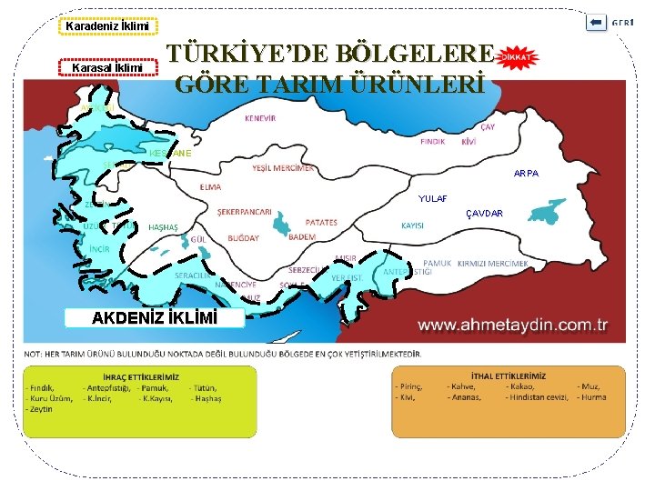 Karadeniz İklimi Karasal İklimi TÜRKİYE’DE BÖLGELERE GÖRE TARIM ÜRÜNLERİ KESTANE ARPA YULAF ÇAVDAR AKDENİZ