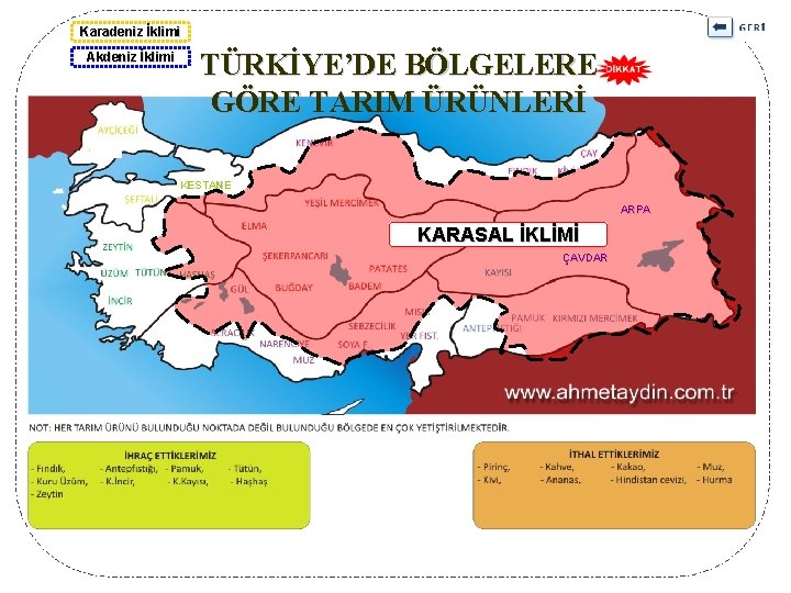 Karadeniz İklimi Akdeniz İklimi TÜRKİYE’DE BÖLGELERE GÖRE TARIM ÜRÜNLERİ KESTANE ARPA KARASALYULAF İKLİMİ ÇAVDAR