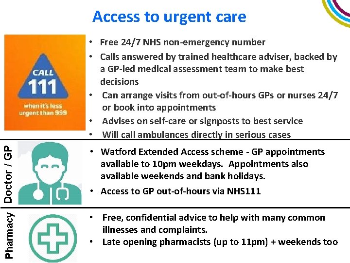 Access to urgent care Pharmacy Doctor / GP • Free 24/7 NHS non-emergency number