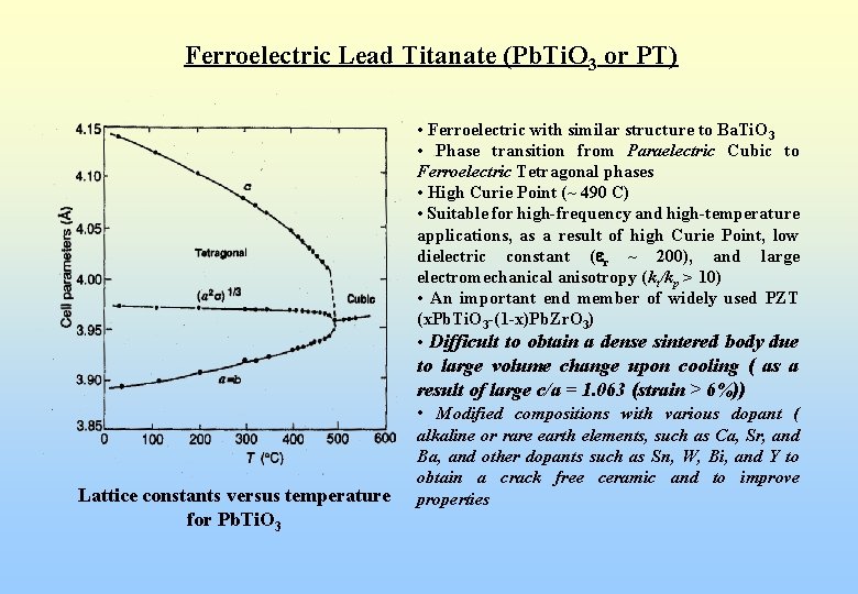 Ferroelectric Lead Titanate (Pb. Ti. O 3 or PT) • Ferroelectric with similar structure
