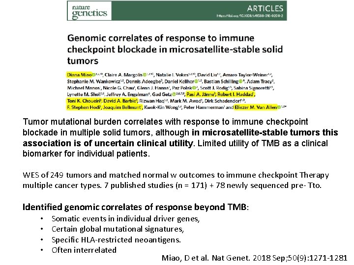 Tumor mutational burden correlates with response to immune checkpoint blockade in multiple solid tumors,