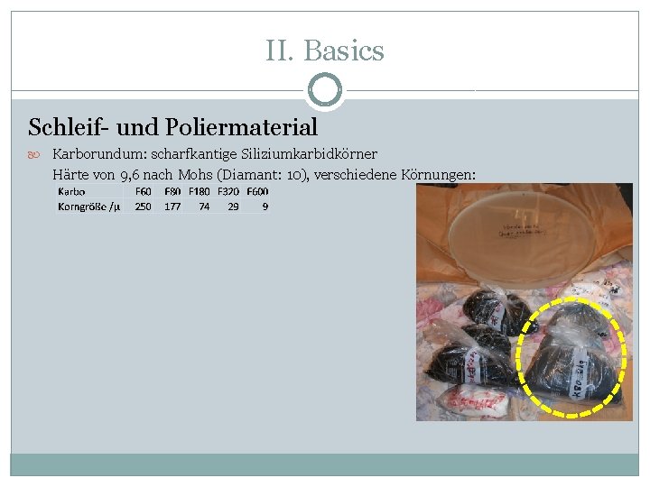 II. Basics Schleif- und Poliermaterial Karborundum: scharfkantige Siliziumkarbidkörner Härte von 9, 6 nach Mohs